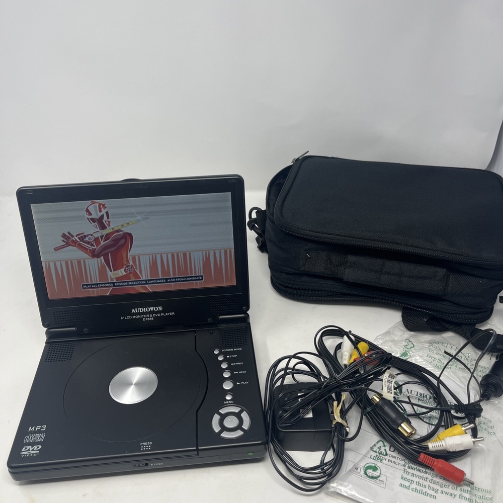 AUDIOVOX D1888 Black 8" LCD Portable DVD Player w/power Cord Case Remote WORKS